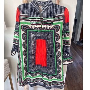 Fine Garments by Alicia Bell red navy green cotton Aleutian print tunic‎ 4/SM